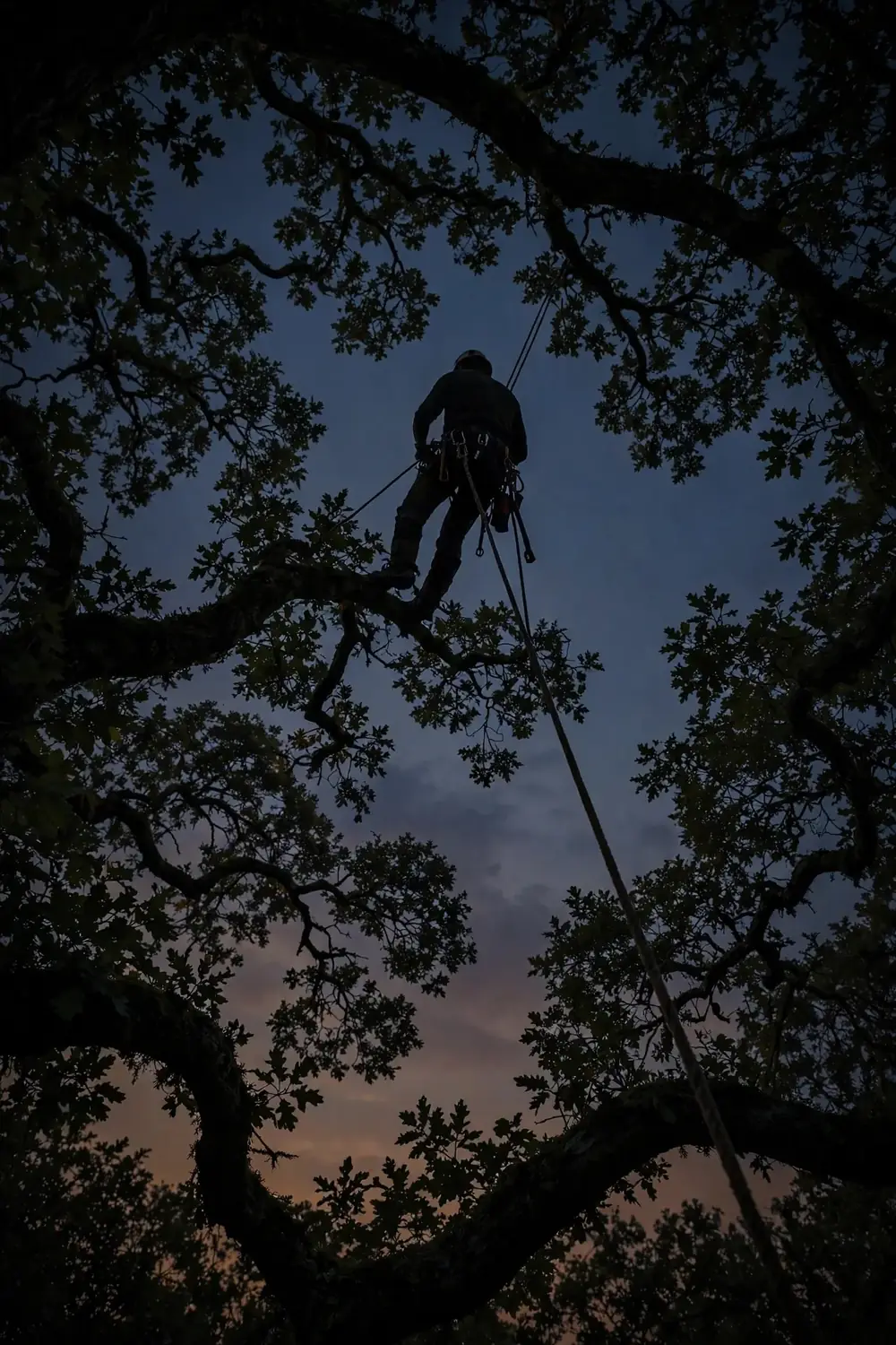 An arborist silhouetted at work high in a large tree at dusk