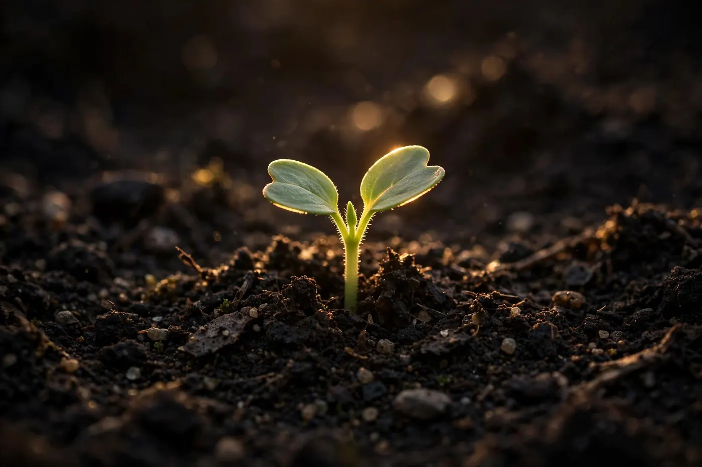 A young seedling breaking through dark soil in warm light